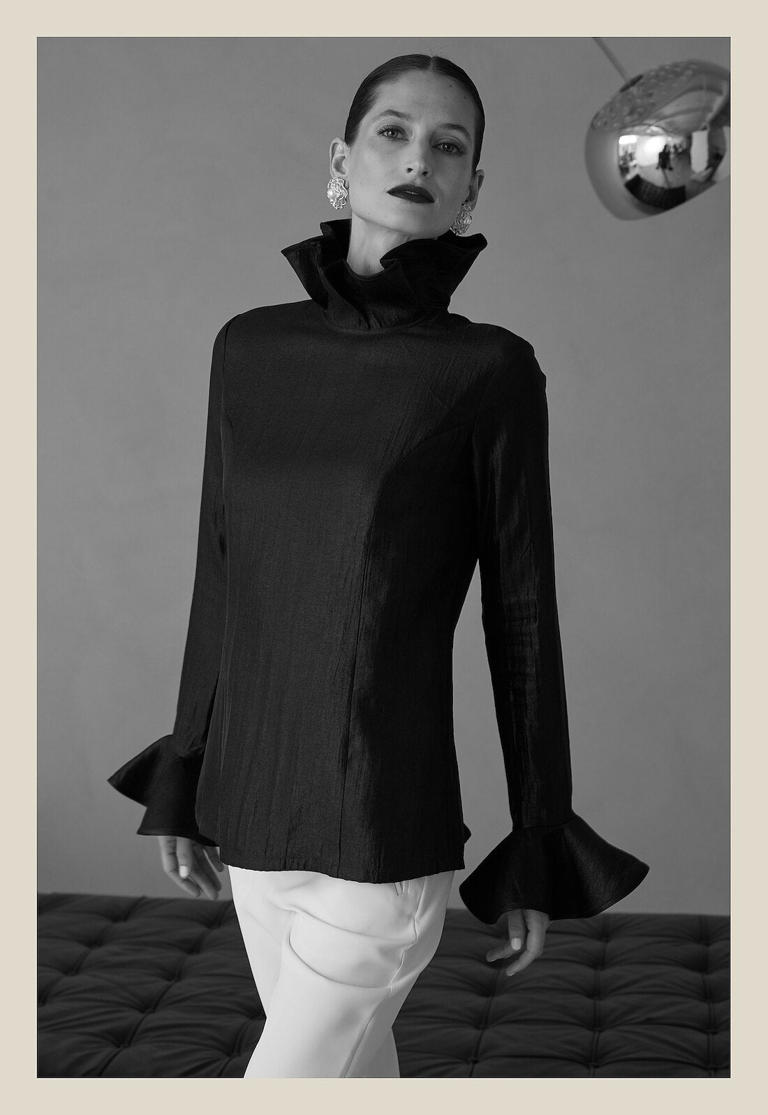 Rani blouse, close view, black and white