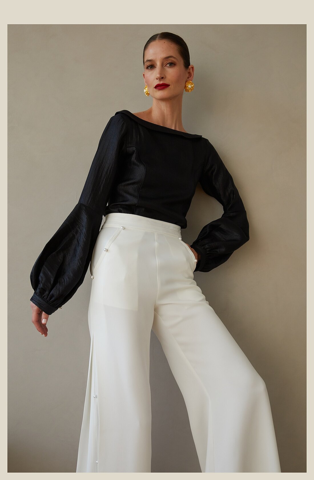 Simone trouser · ivory, three-quarter view, colour