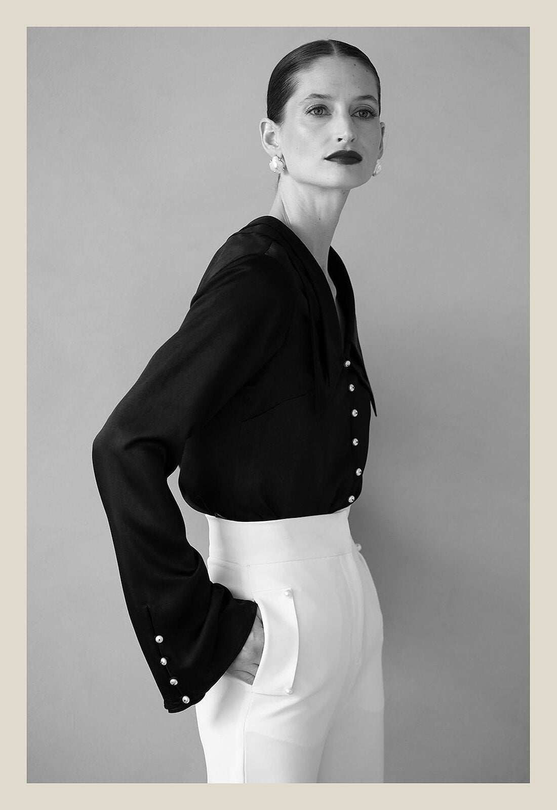 Sonita blouse, close view, black and white