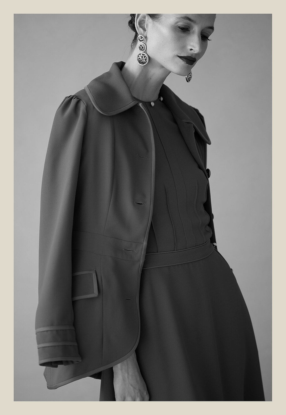 Waris jacket, close view, black and white